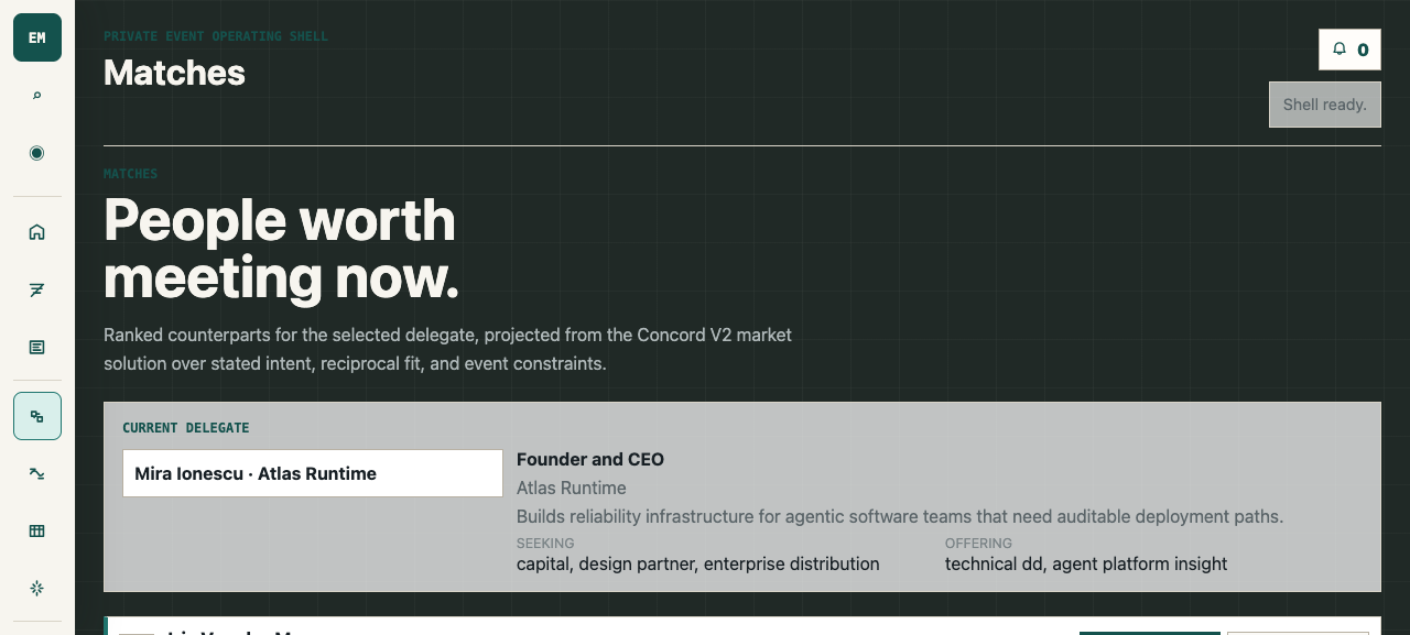 Event Magi match feed showing a current delegate and their ranked counterparts with seeking/offering context.