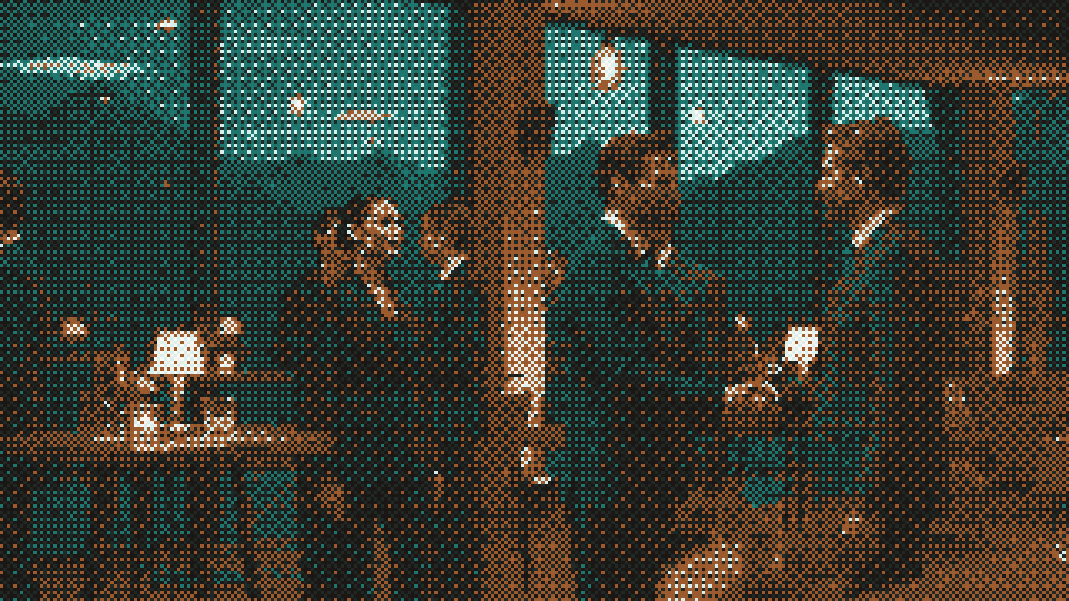 Executives meeting at an evening summit, rendered in the Event Magi dither